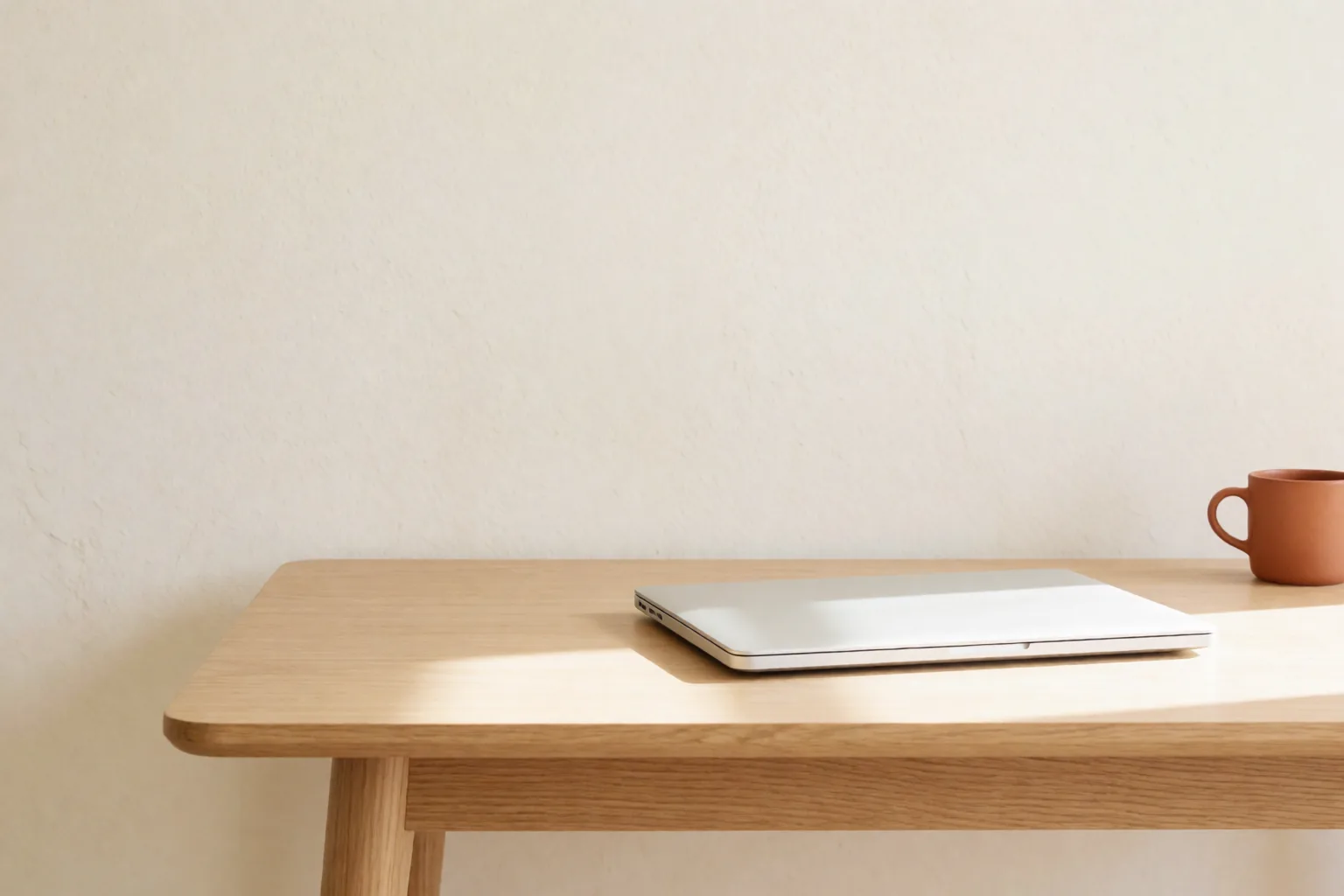 Zavřený MacBook na dřevěném stole v pruhu slunce