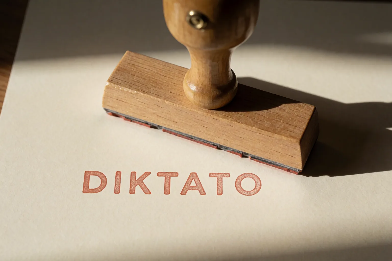 Dřevěné razítko a nápis DIKTATO, který právě otisklo